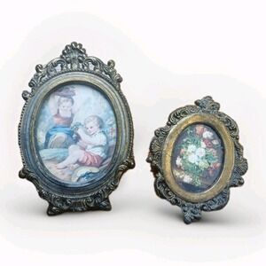 Lot Of 2 Mini Rococo Filigree Brass Frames Italian 3" & 4" Kids Playing Flowers